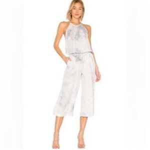 cloth & stone anthro BLUE/grey Cropped Wide-Leg high neck Drawstring jumpsuit